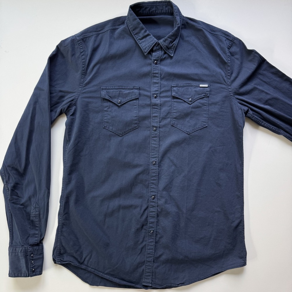 AGLINI Long Sleeve Western Snap Front Shirt Mens 39 Blue Made in Italy Solid